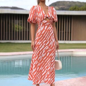Commense Vibrant Orange and White Midi Dress